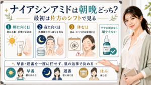 ナイアシンアミドを朝と夜どちらで使うか、朝夜と休む日の分け方を説明する図