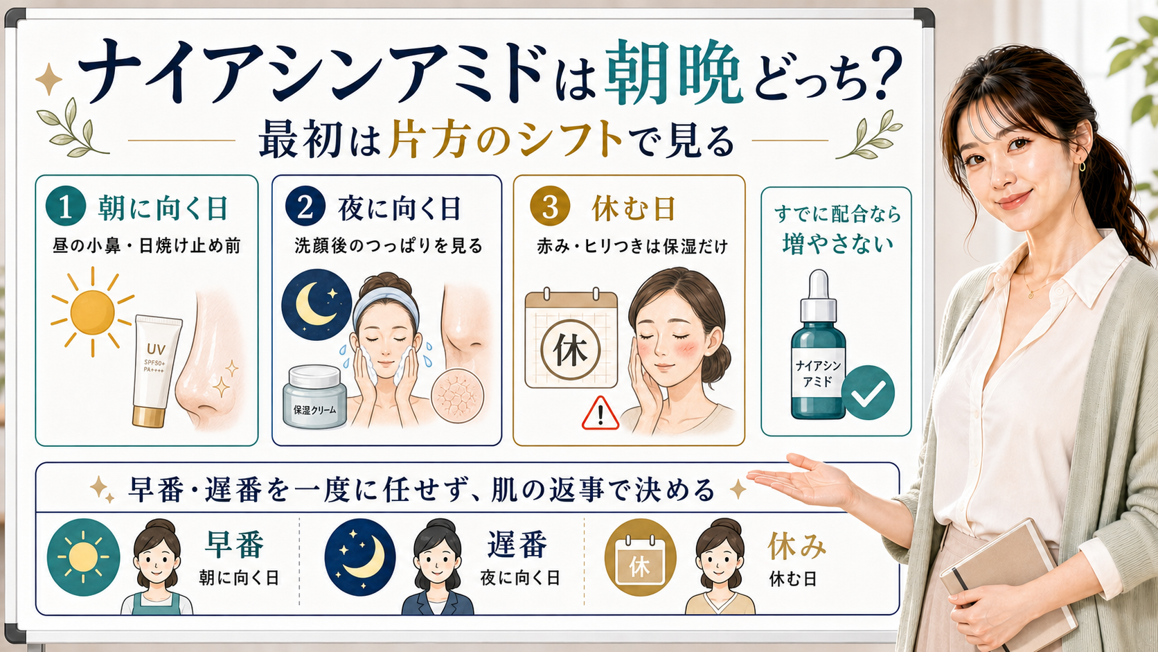 ナイアシンアミドを朝と夜どちらで使うか、朝夜と休む日の分け方を説明する図