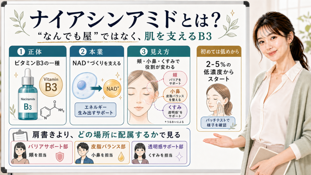 ナイアシンアミドとは何か、ビタミンB3とNAD+、肌での見え方を説明する図
