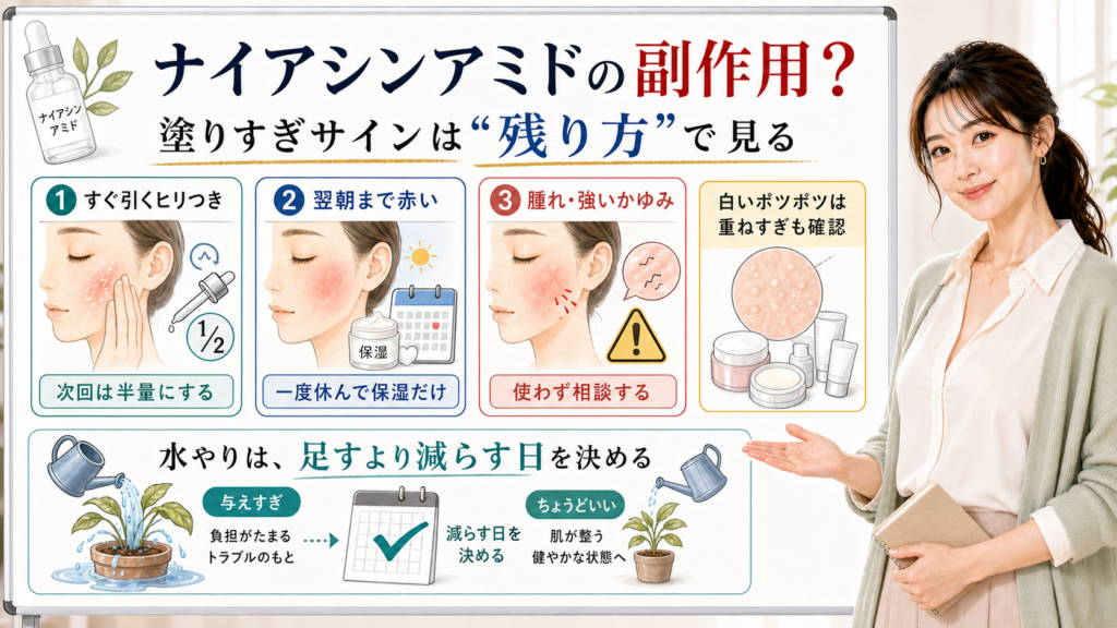 ナイアシンアミドの塗りすぎや副作用サイン、休む目安を説明する図
