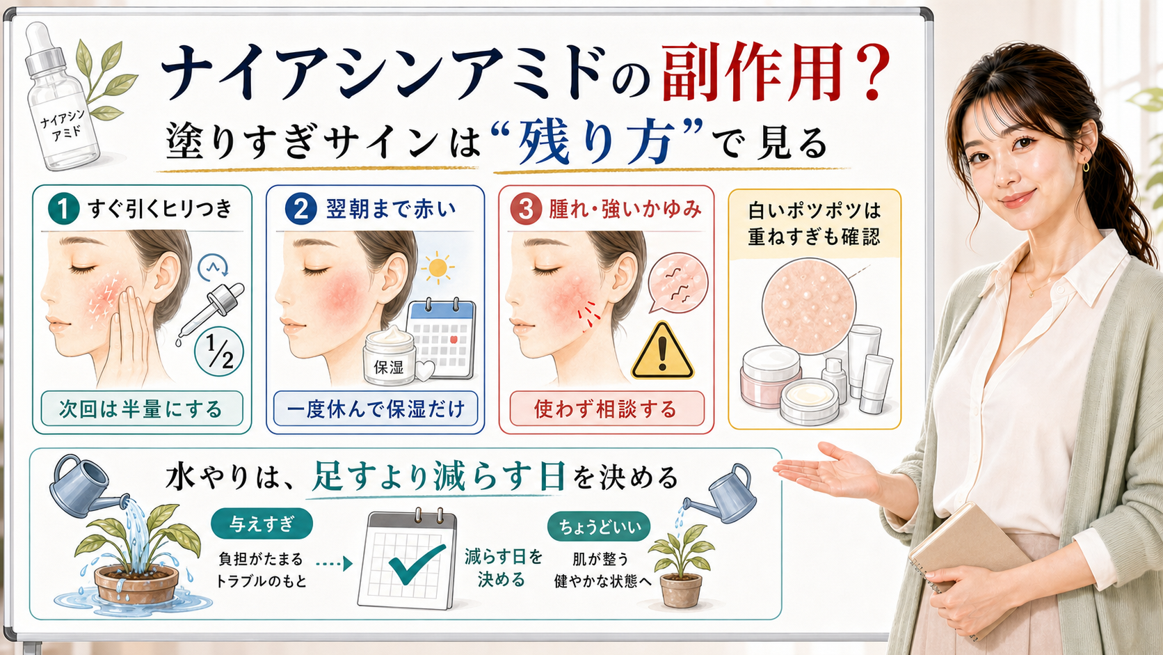 ナイアシンアミドの塗りすぎや副作用サイン、休む目安を説明する図