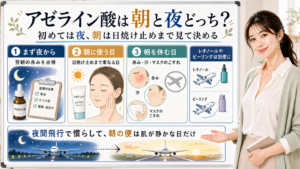 アゼライン酸を朝と夜どちらで使うか、夜から始めて朝に使う日の見分け方を説明する図