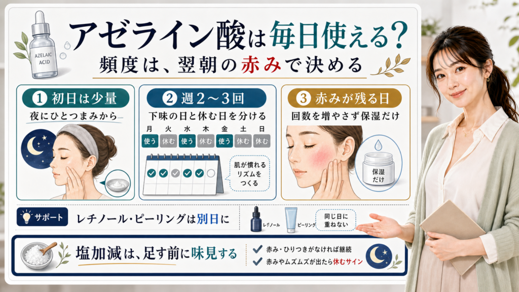 アゼライン酸を毎日使えるか、頻度と赤みが残る日の休み方を説明する図