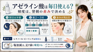 アゼライン酸を毎日使えるか、頻度と赤みが残る日の休み方を説明する図