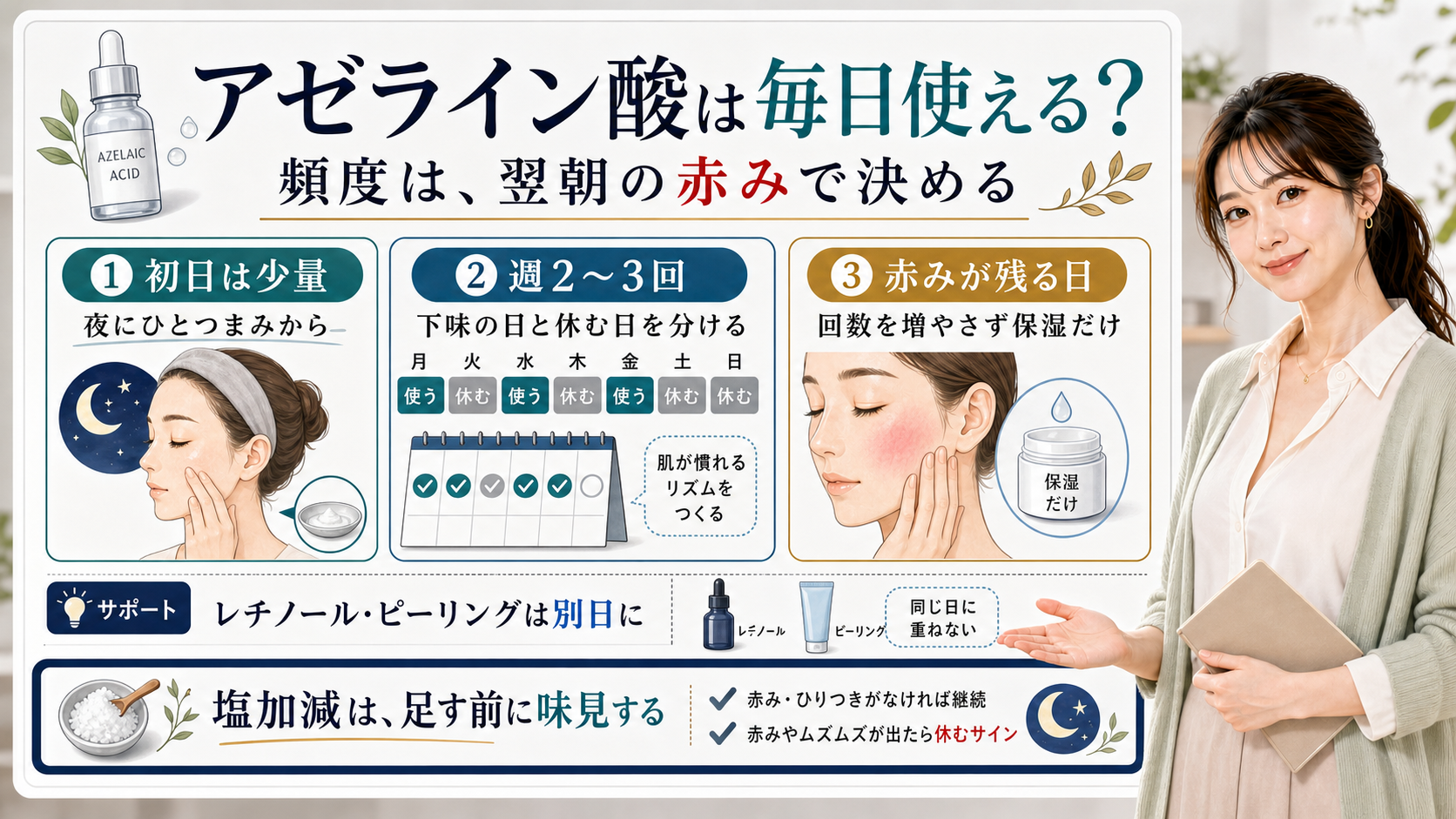 アゼライン酸を毎日使えるか、頻度と赤みが残る日の休み方を説明する図