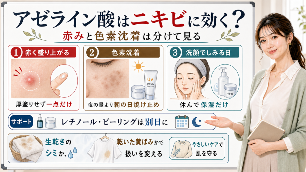 アゼライン酸とニキビ、赤み、色素沈着の見方と使い方を説明する図