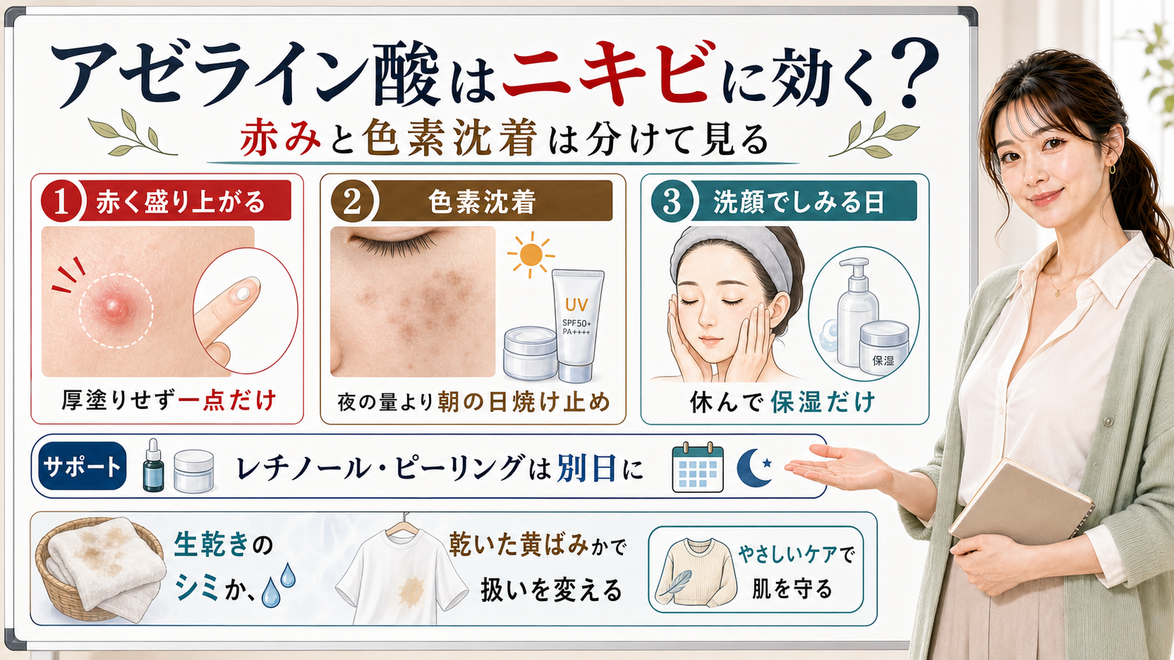 アゼライン酸とニキビ、赤み、色素沈着の見方と使い方を説明する図