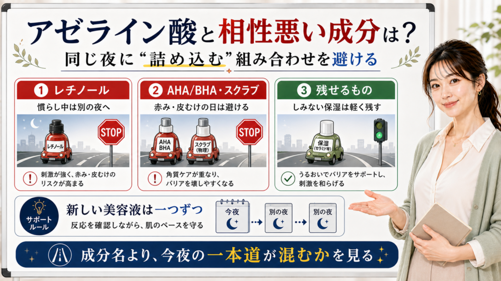アゼライン酸と相性悪い成分、同じ日に避ける組み合わせを説明する図