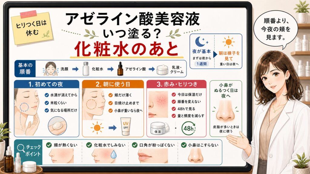 アゼライン酸美容液をいつ塗るか、化粧水後の順番・朝夜の使い分け・ヒリつく日の休み方を大判ボードと女性解説者で示したアイキャッチ