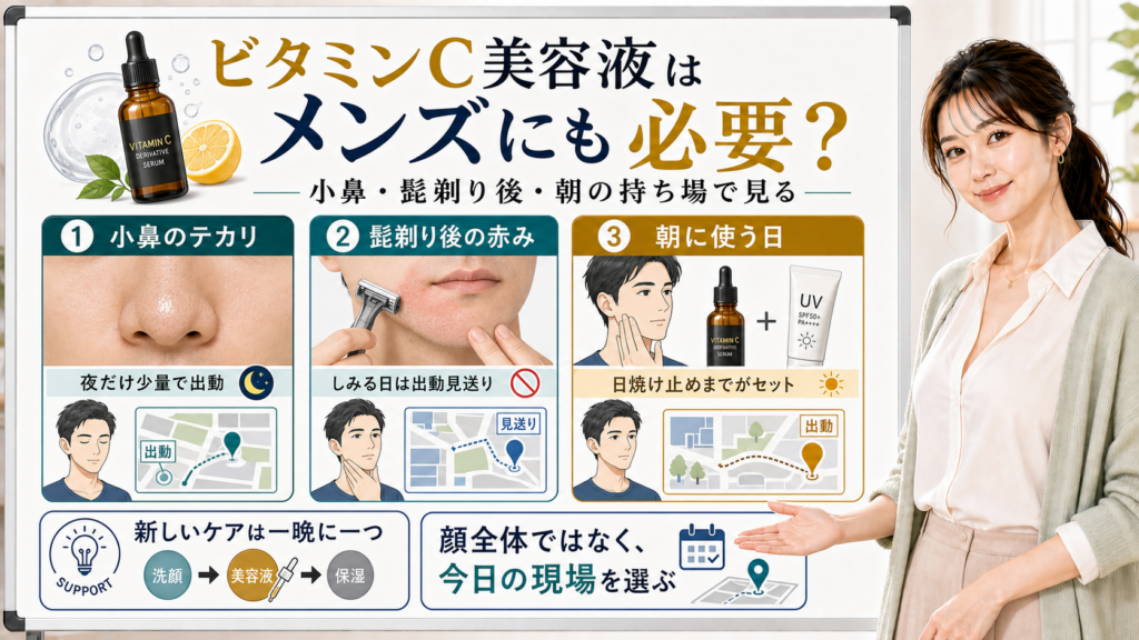 メンズ向けビタミンC誘導体美容液の使い方を小鼻、髭剃り後、朝のケアで説明する図
