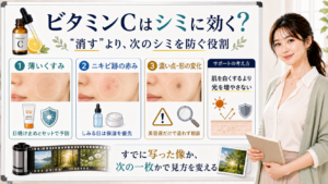 ビタミンCがシミに効くか、今あるシミと予防の見分け方を説明する図