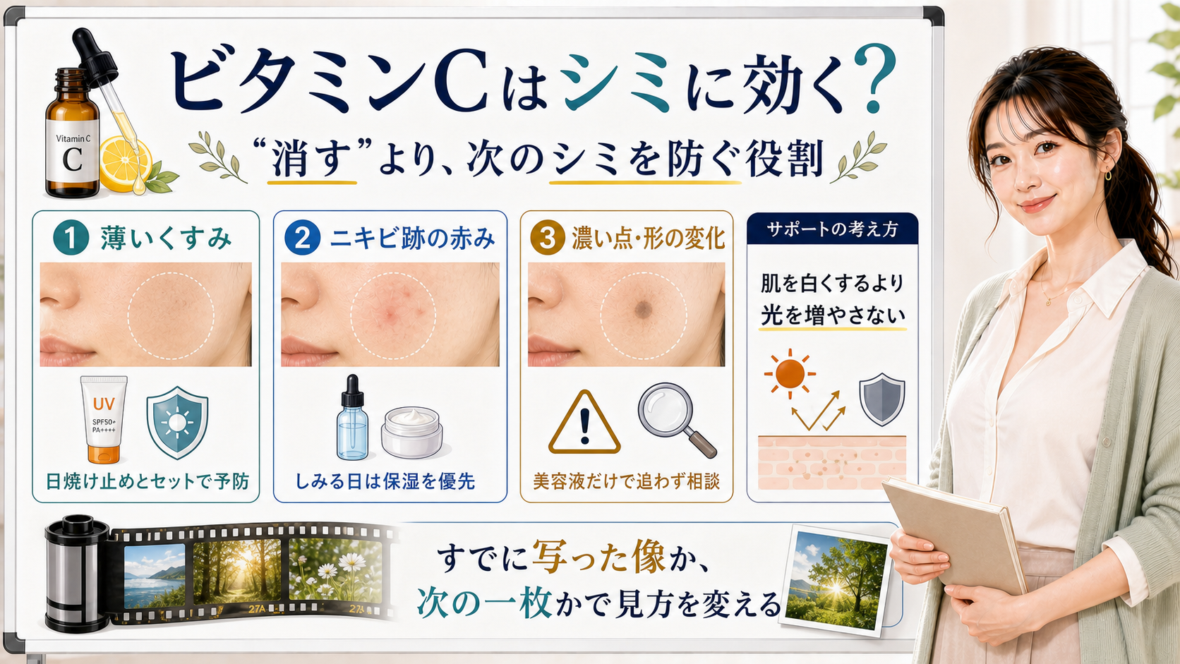 ビタミンCがシミに効くか、今あるシミと予防の見分け方を説明する図