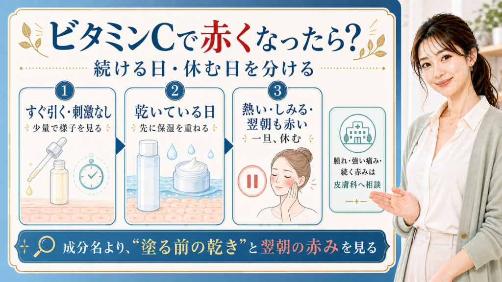 ビタミンCで赤くなったときの続ける日と休む日を3つに分けて示すビューティーボード