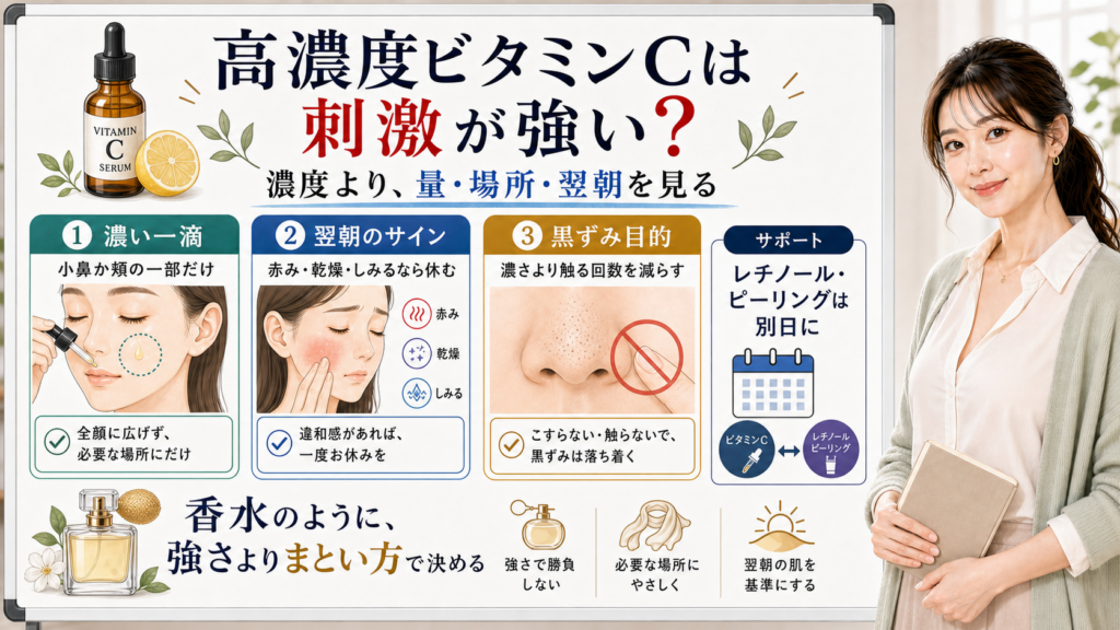 高濃度ビタミンC美容液の刺激リスクと量、場所、翌朝サインの見方を説明する図
