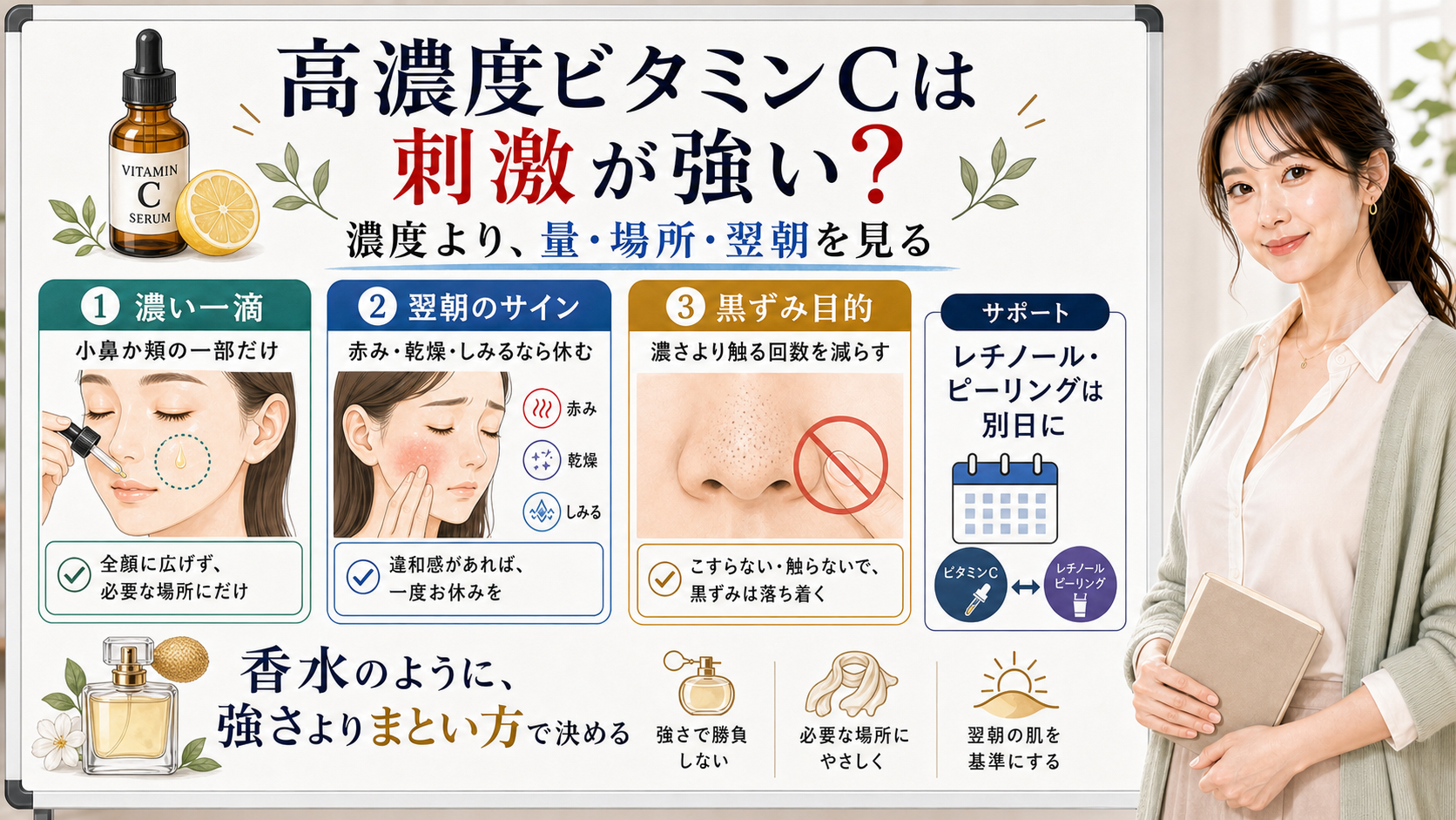 高濃度ビタミンC美容液の刺激リスクと量、場所、翌朝サインの見方を説明する図