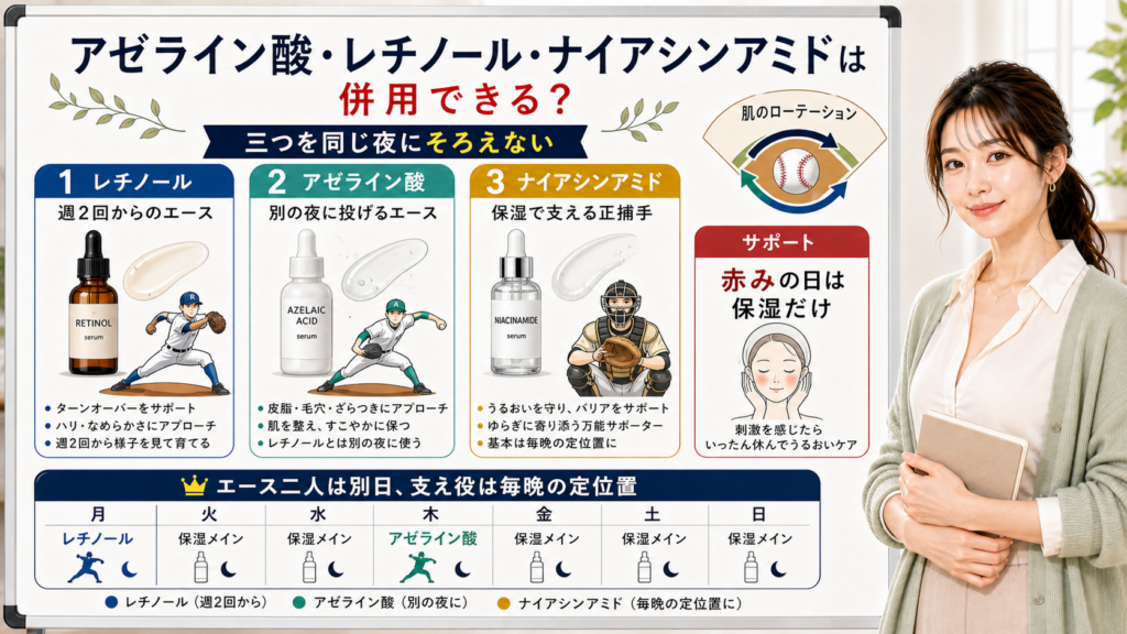 アゼライン酸、レチノール、ナイアシンアミドの併用と別日の分け方を説明する図