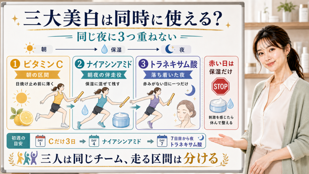 ビタミンC、ナイアシンアミド、トラネキサム酸を朝・保湿・夜に分ける使い方を説明する図