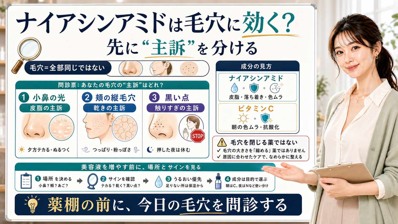 ナイアシンアミドが毛穴に効くかを小鼻の皮脂、頬の乾き、黒い点の主訴別に説明する図