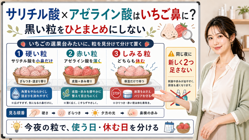 サリチル酸とアゼライン酸をいちご鼻の硬い粒、赤い粒、しみる粒で使い分ける図