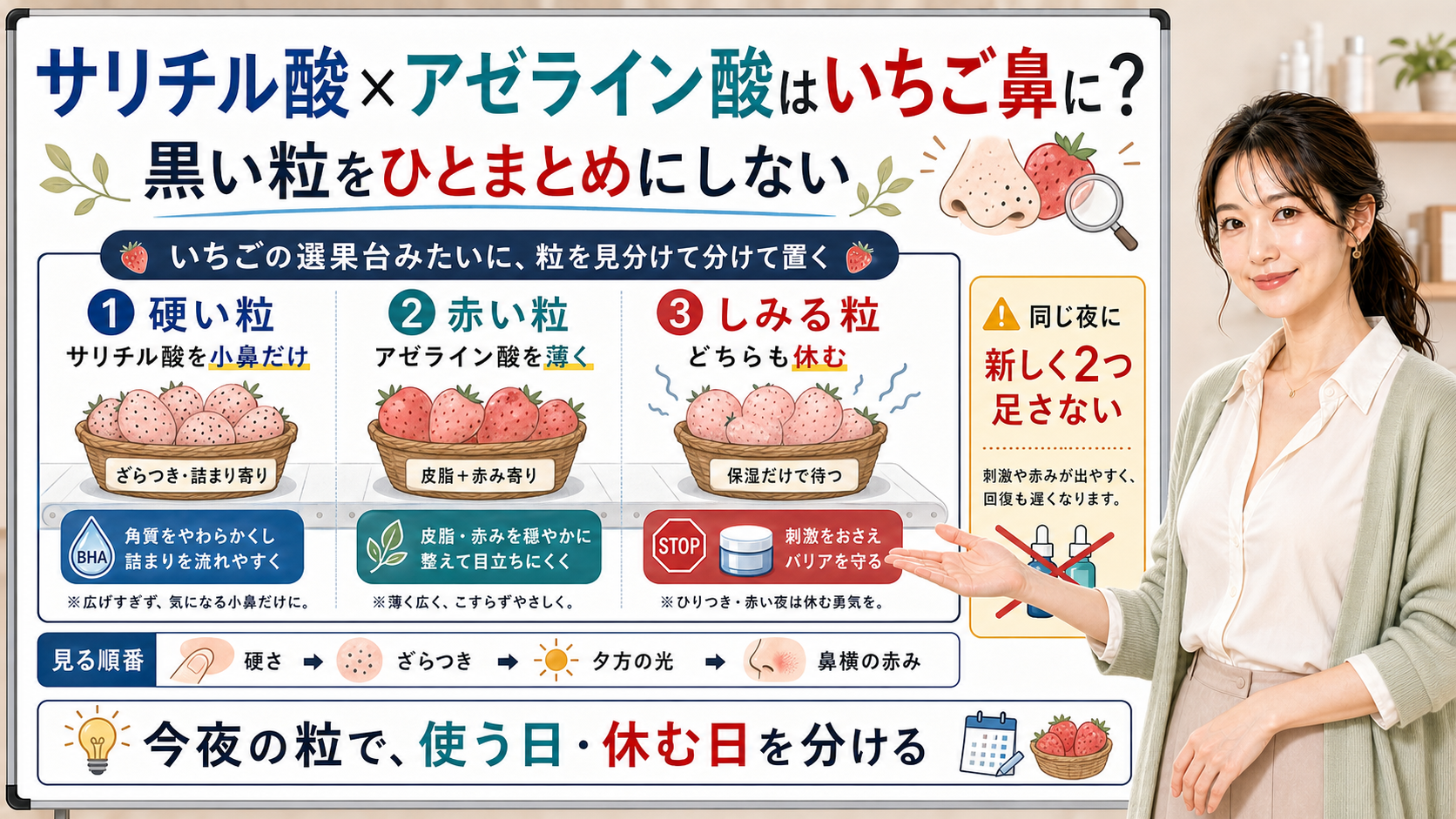 サリチル酸とアゼライン酸をいちご鼻の硬い粒、赤い粒、しみる粒で使い分ける図