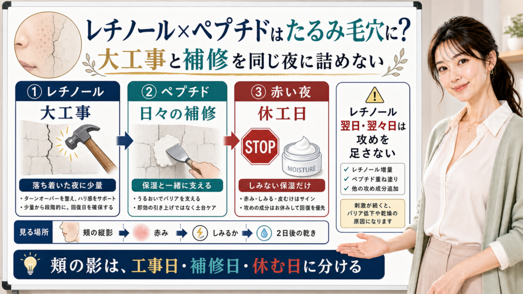 レチノールとペプチドをたるみ毛穴の工事日、補修日、休む日に分けて説明する図