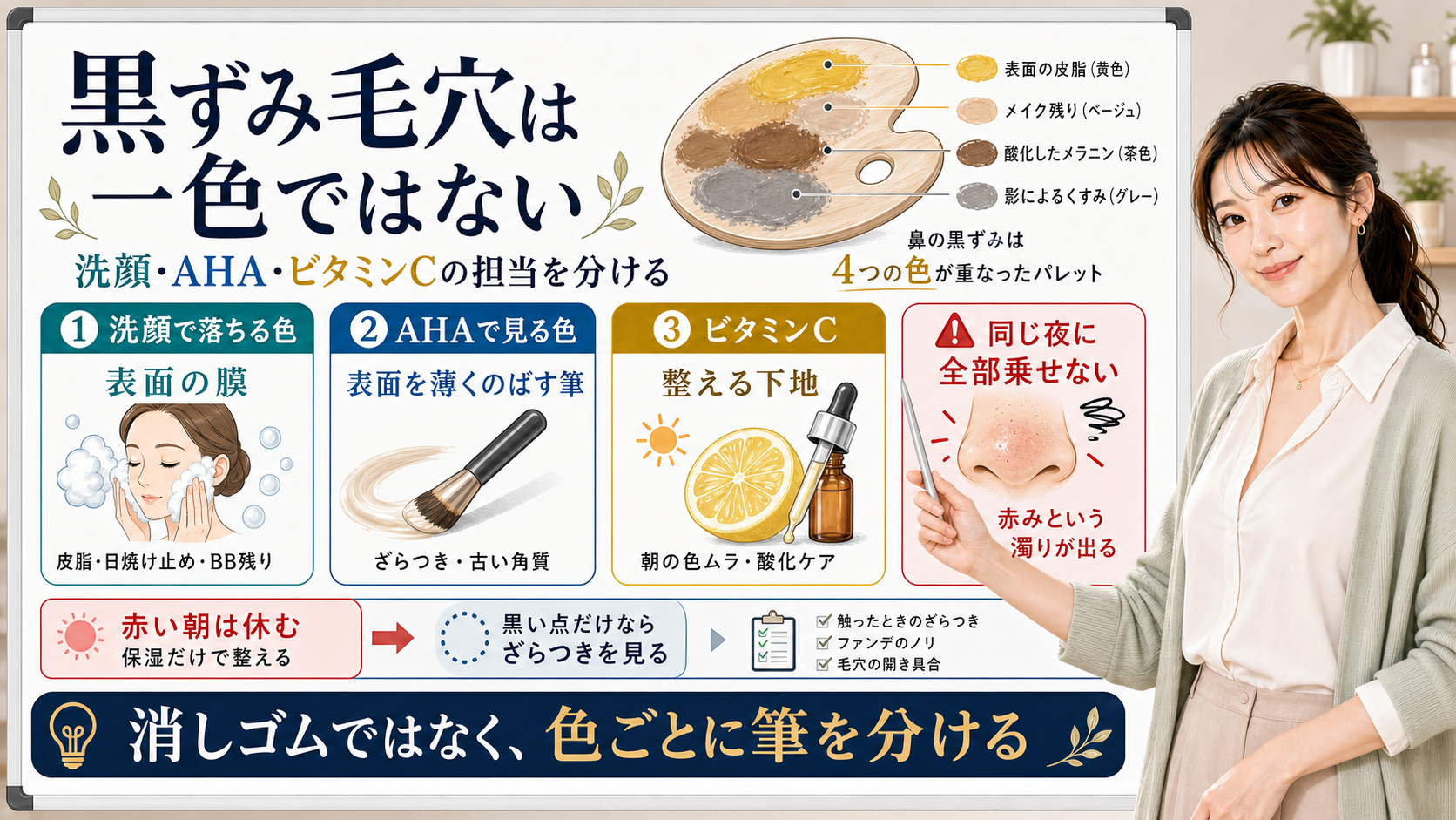 黒ずみ毛穴を洗顔、AHA、ビタミンCの担当に分けて見分ける図