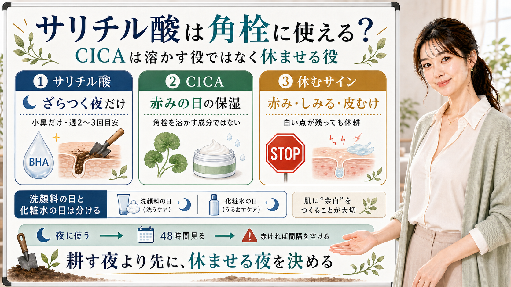 サリチル酸とCICAを角栓ケアの耕す夜、赤みの日の保湿、休むサインで分ける図