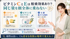 ビタミンCとビタミンEの相乗効果と小鼻・頬で使う量を分ける考え方を説明する図