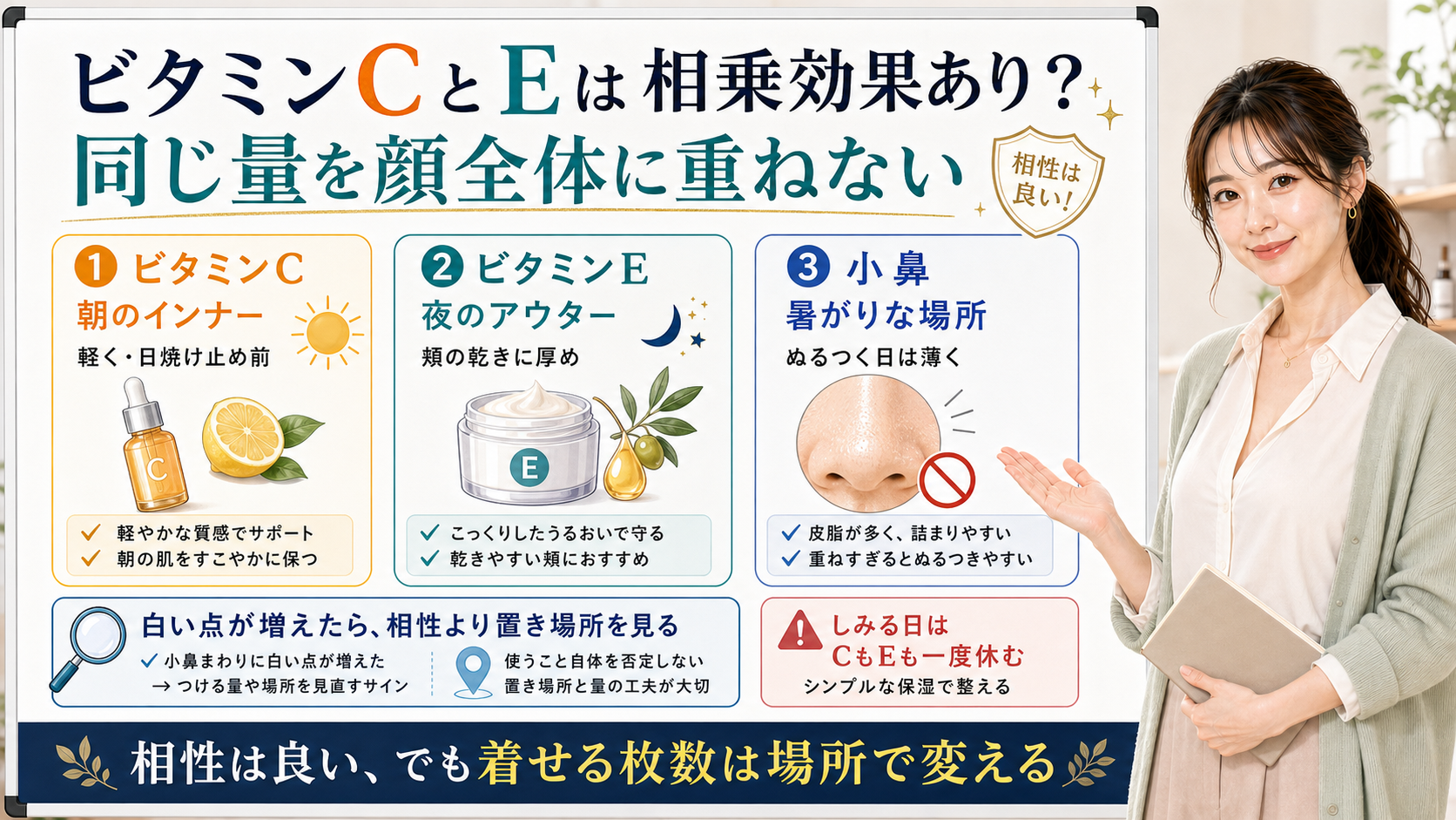 ビタミンCとビタミンEの相乗効果と小鼻・頬で使う量を分ける考え方を説明する図