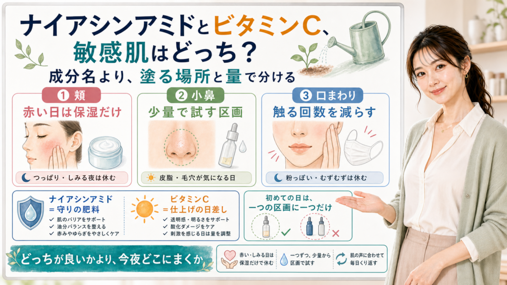 敏感肌でナイアシンアミドとビタミンCを頬、小鼻、口まわりに分けて使う考え方を説明する図
