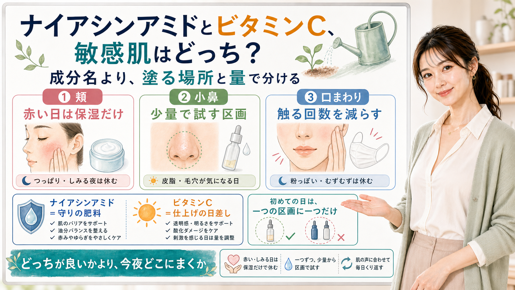 敏感肌でナイアシンアミドとビタミンCを頬、小鼻、口まわりに分けて使う考え方を説明する図