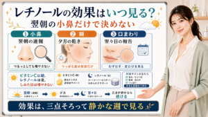 レチノールの効果を翌朝の小鼻だけでなく頬と口まわりまで三点で見る考え方を説明する図