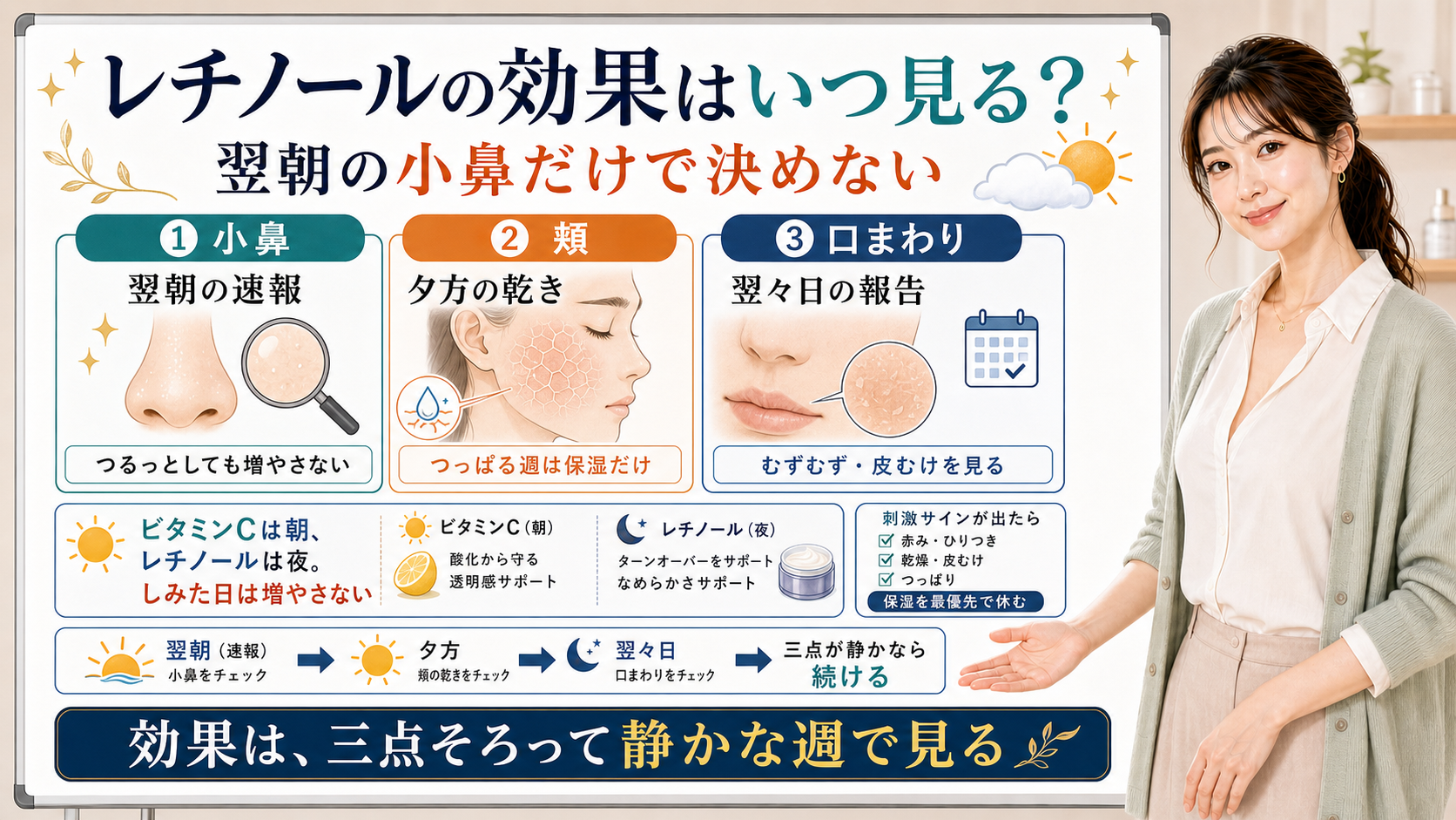 レチノールの効果を翌朝の小鼻だけでなく頬と口まわりまで三点で見る考え方を説明する図