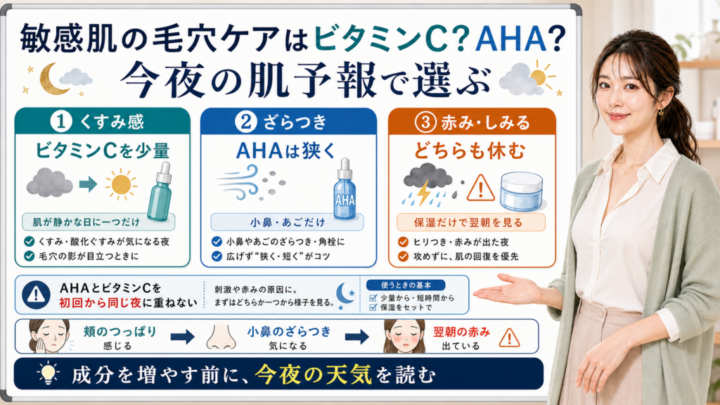 敏感肌の毛穴ケアでビタミンC、AHA、休む夜を今夜の肌予報で選ぶ図