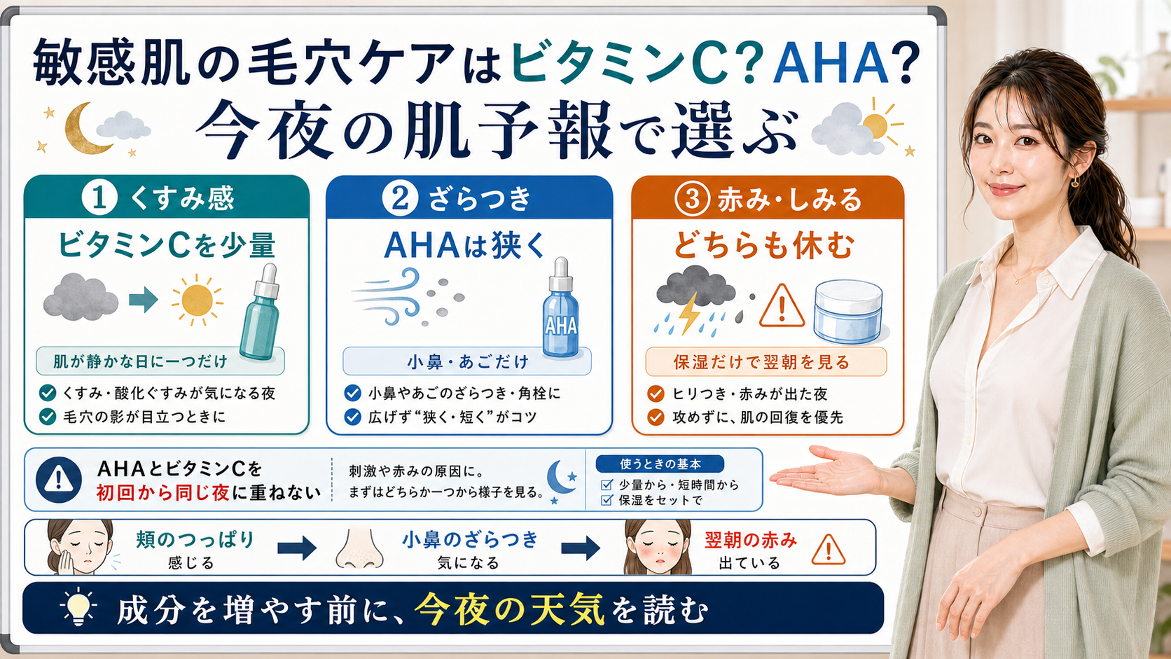 敏感肌の毛穴ケアでビタミンC、AHA、休む夜を今夜の肌予報で選ぶ図