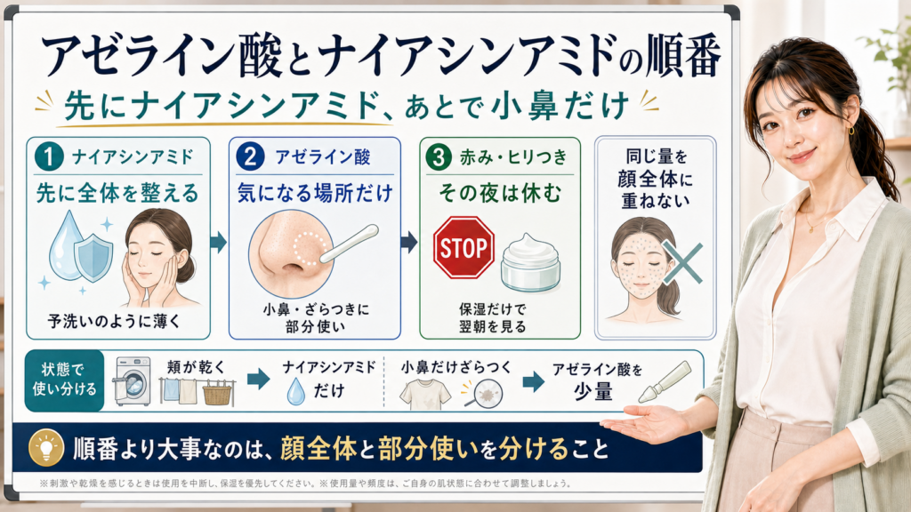 アゼライン酸とナイアシンアミドの順番を先にナイアシンアミド、あとで小鼻だけと説明する図