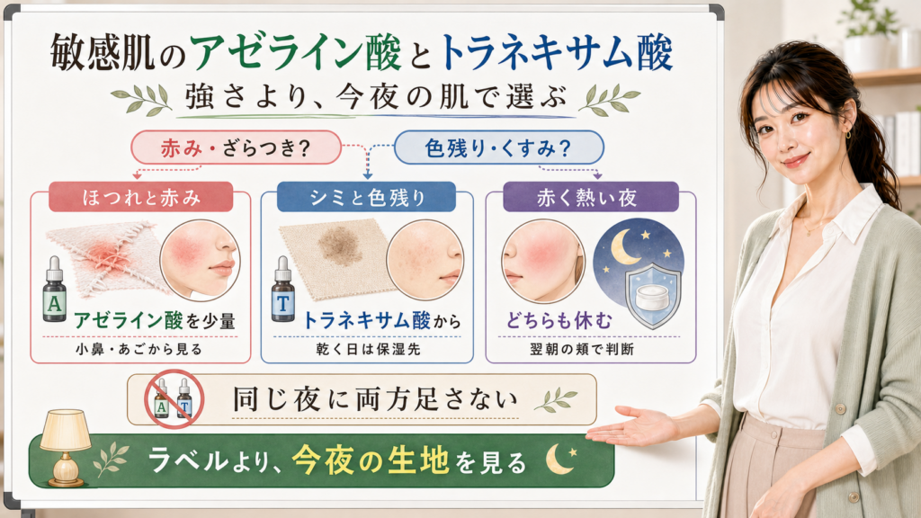 敏感肌でアゼライン酸とトラネキサム酸を赤みと色残りで選び分ける図