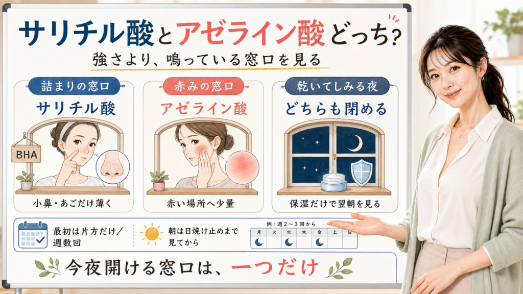 サリチル酸とアゼライン酸の違いを詰まりの窓口と赤みの窓口で説明する図