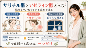サリチル酸とアゼライン酸の違いを詰まりの窓口と赤みの窓口で説明する図