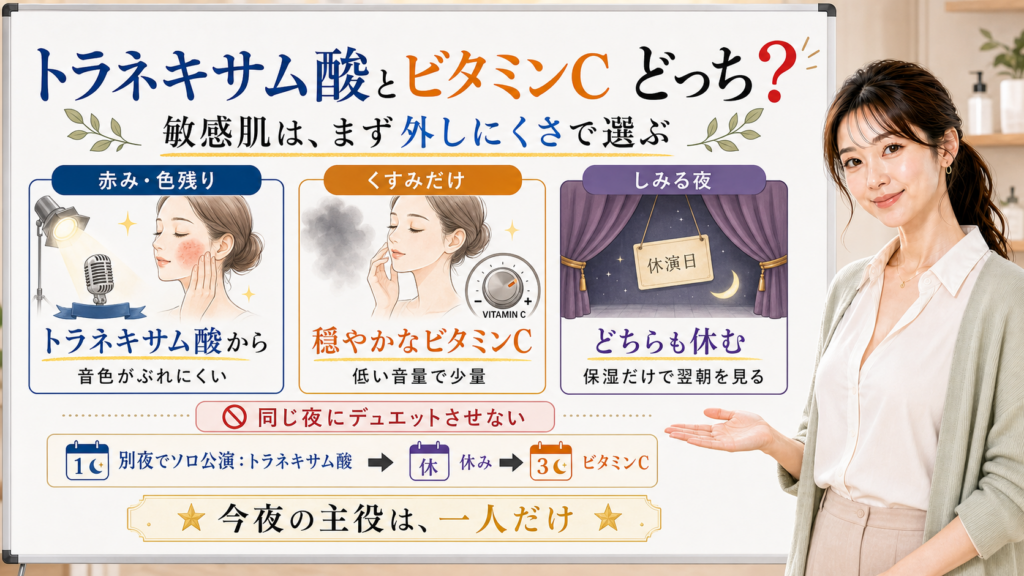 トラネキサム酸とビタミンCの違いを敏感肌向けに選び分ける図
