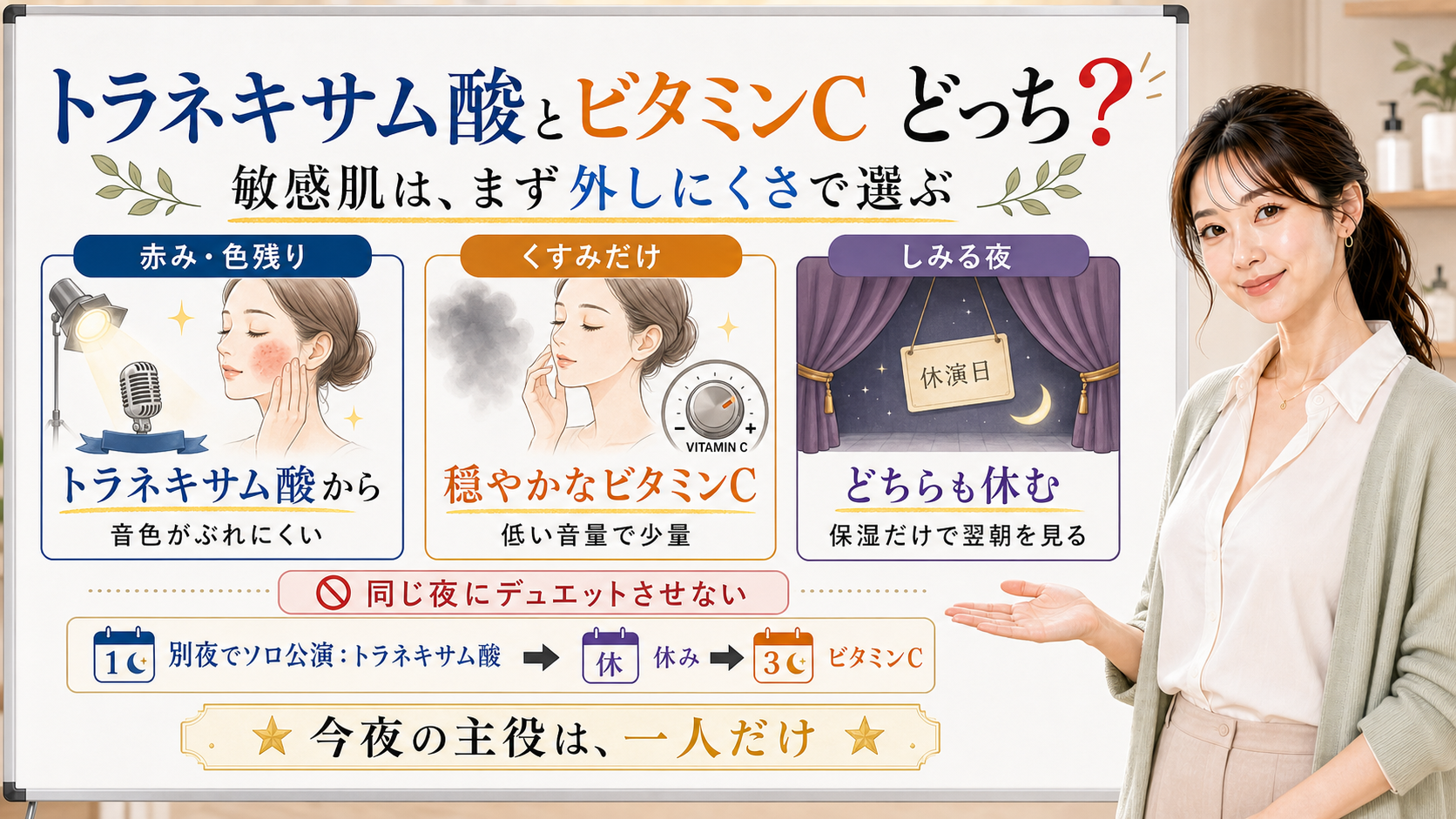 トラネキサム酸とビタミンCの違いを敏感肌向けに選び分ける図