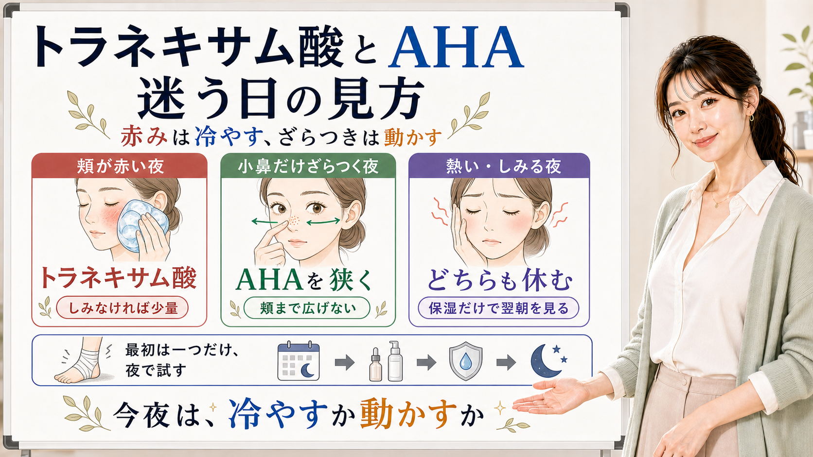 トラネキサム酸とAHAを赤みとざらつきで使い分ける図
