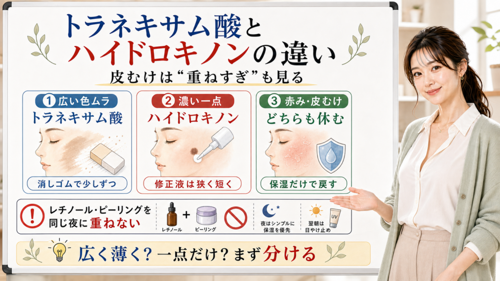 トラネキサム酸とハイドロキノンの違いを皮むけと塗る範囲で説明する図