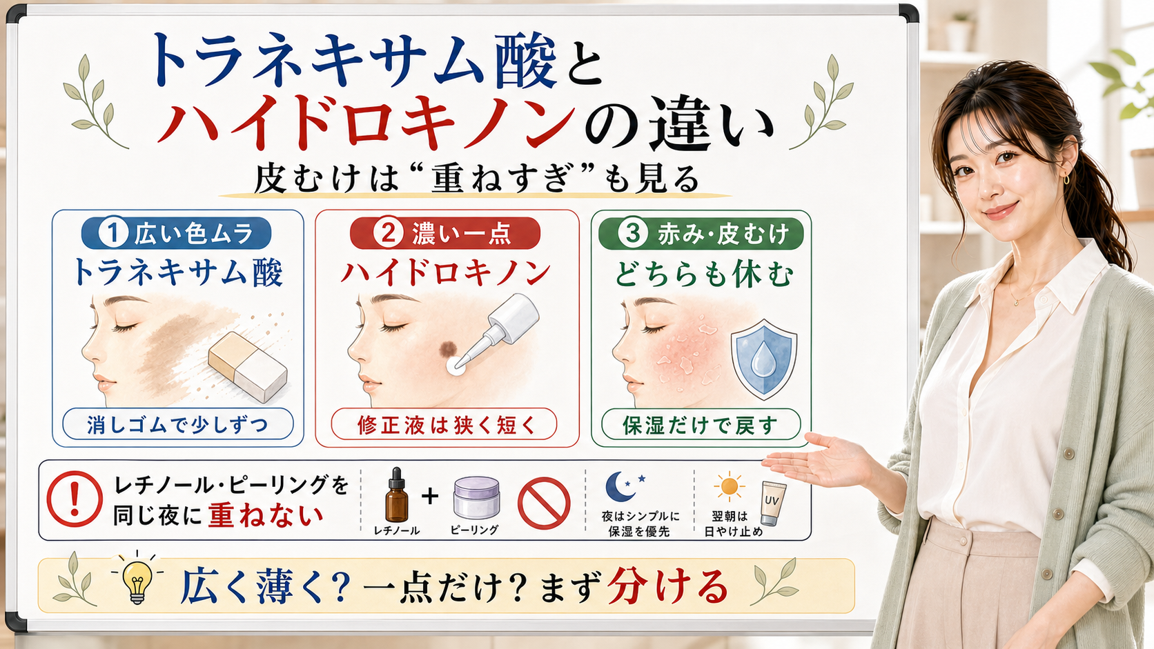 トラネキサム酸とハイドロキノンの違いを皮むけと塗る範囲で説明する図