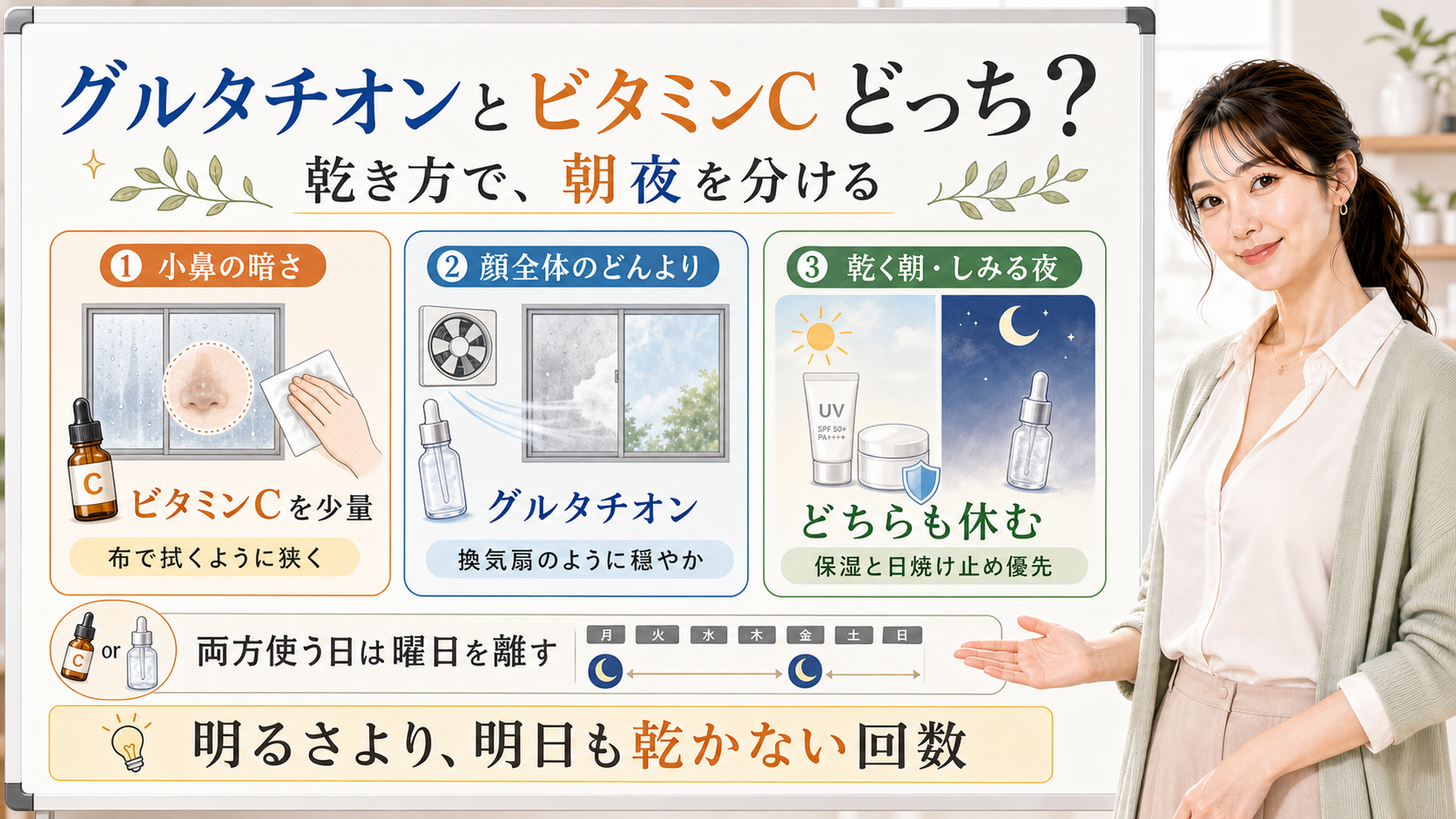 グルタチオンとビタミンCを乾き方と朝夜で選び分ける図