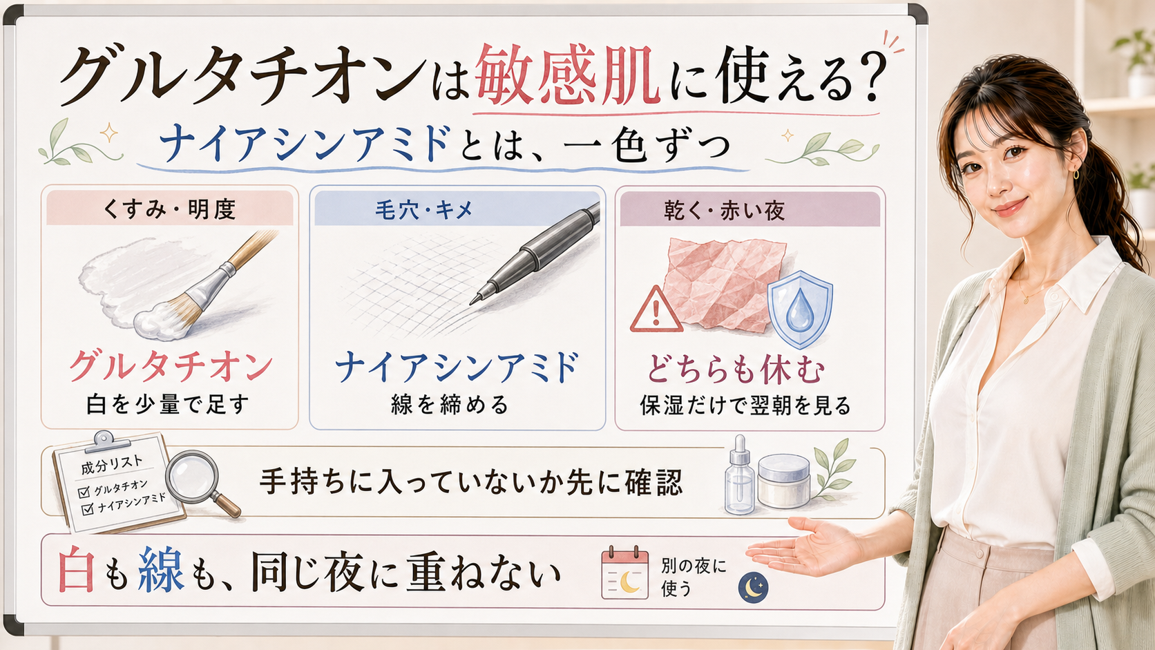 グルタチオンとナイアシンアミドを敏感肌向けに一色ずつ分ける図