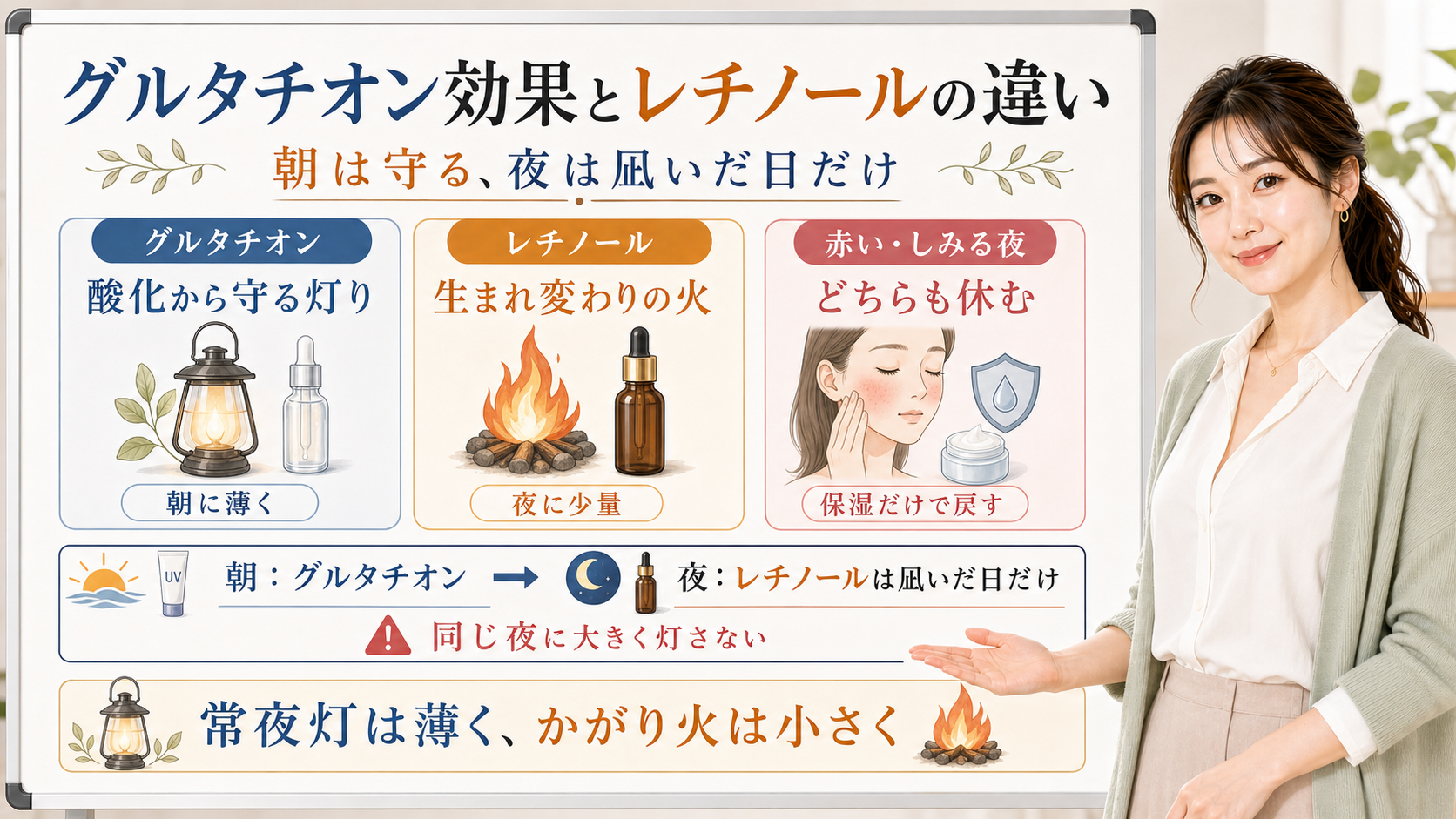 グルタチオン効果とレチノールの違いを朝夜で分ける図