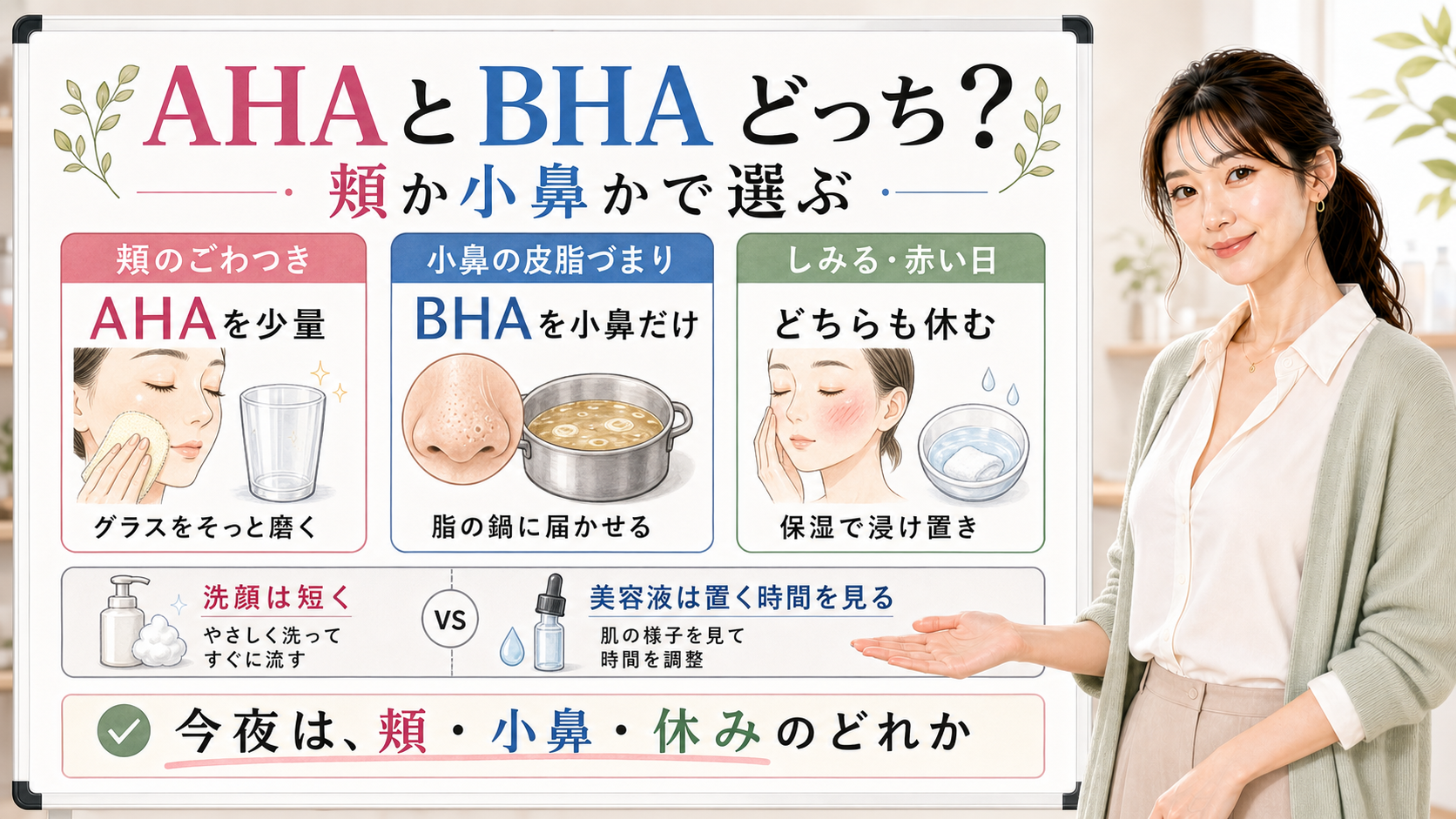 AHAとBHAを頬と小鼻で選び分ける敏感肌向け角質ケア図