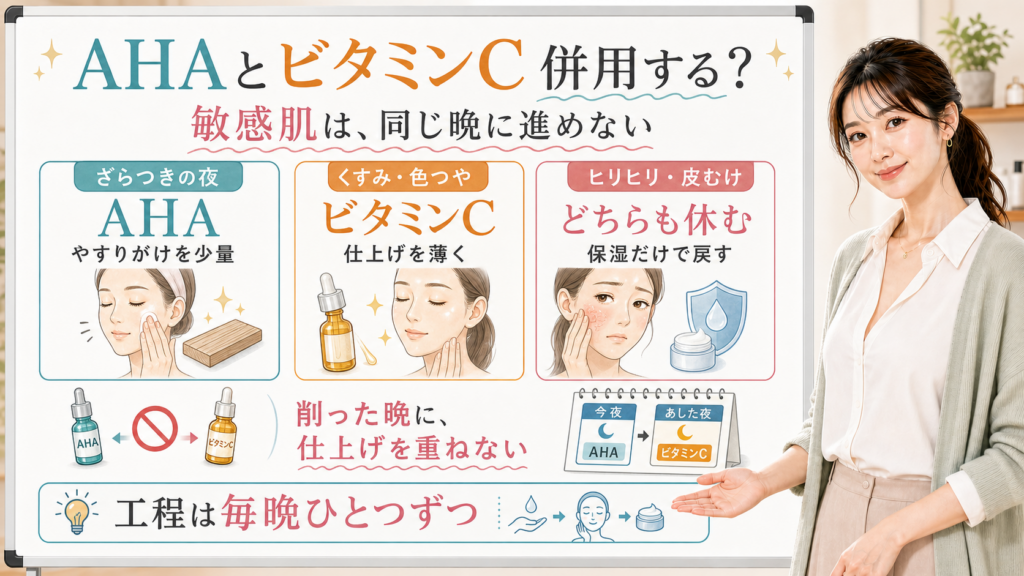 AHAとビタミンCの併用を敏感肌向けに工程で分ける図