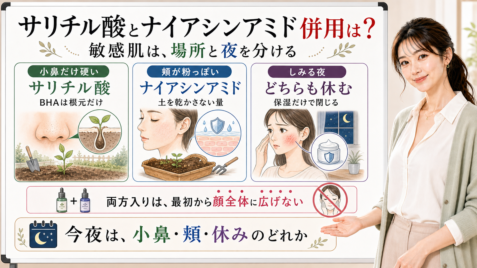 サリチル酸とナイアシンアミドの併用を敏感肌向けに場所と夜で分ける図